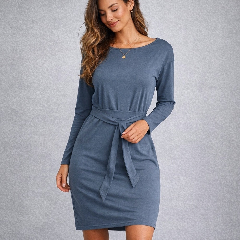 PRETTYGARDEN Slate Blue Long Sleeve Sheath Dress with Pockets and Belt Small